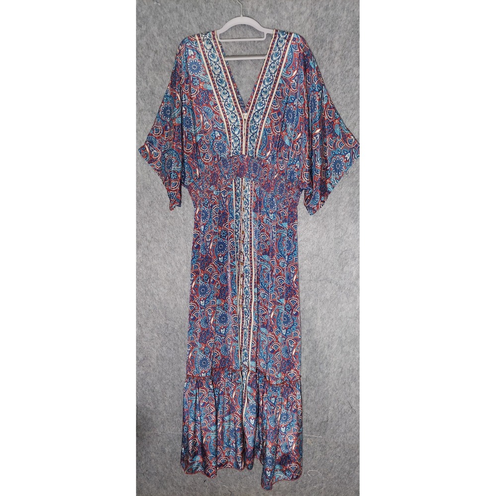 Natural Life Maxi Celia Dress XL Red Satin Boho Gypsy Paisley Smock Button Slit